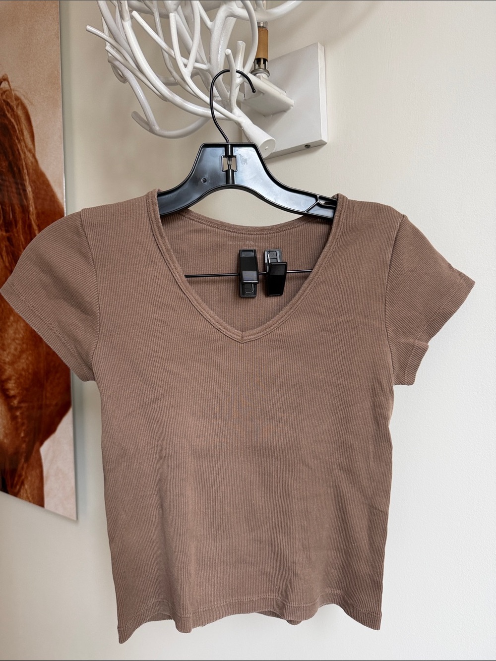 Brandy Melville Brown Ribbed V-Neck Short Sleeve Tee